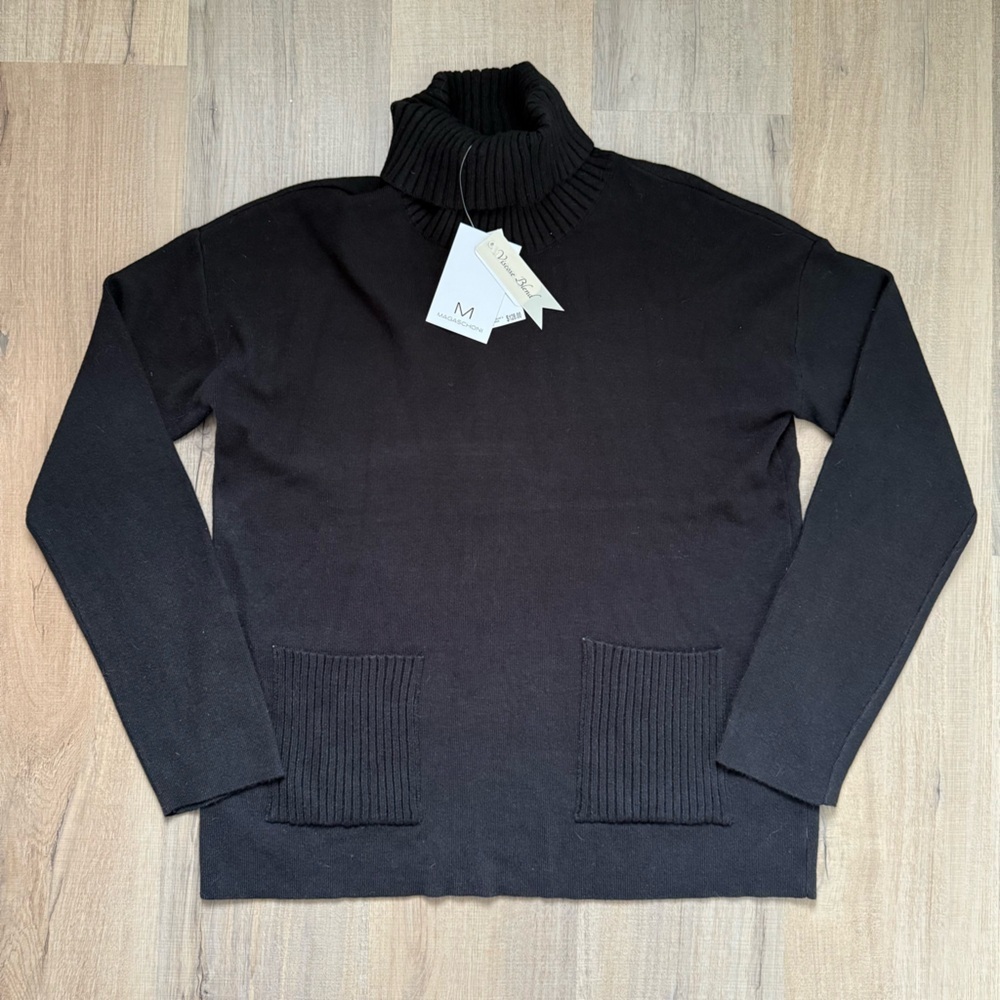 Magaschoni Black Ribbed Knitwear Pockets Women’s Turtleneck Sweater